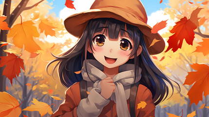 Hand drawn cartoon beautiful illustration of girl in autumn
