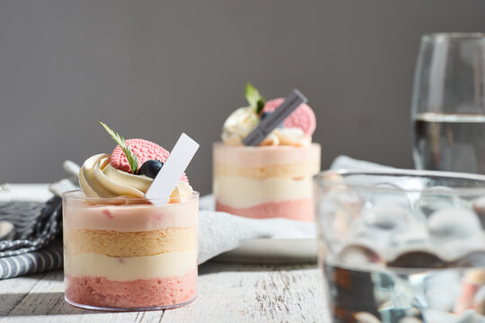 The mousse cake with blueberry fruit and cookies
