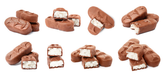 Collage with chocolate bars isolated on white