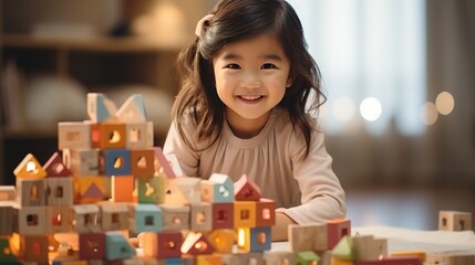 Happy cute asian todler playing with colorful simple big wooden block