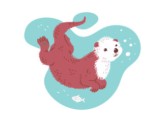 Cute and cheerful sea otter swimming underwater, cartoon flat vector illustration isolated on white background.