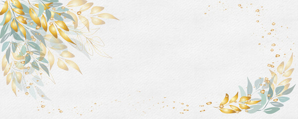 Golden botany banner Japanese.Abstract art background . Luxury minimal style wallpaper with lineart eucalyptus leaves, Gold foil texture, gold glitter, watercolor texture,luxurious foil texture .