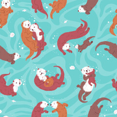 Seamless vector pattern with sea otters lovely family in blue water, Hand drawn mother, father and child sea otters are swiming and hugging