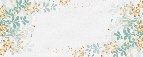 Golden botany banner Japanese.Abstract art background . Luxury minimal style wallpaper with lineart eucalyptus leaves, Gold foil texture, gold glitter, watercolor texture,luxurious foil texture .