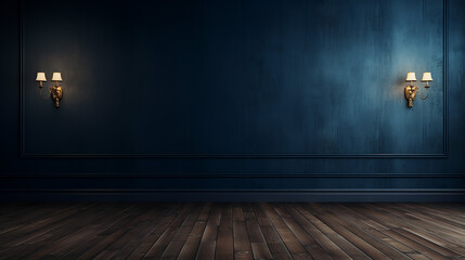 Dark blue wall in an empty room with a wooden floor. Generative AI - obrazy, fototapety, plakaty