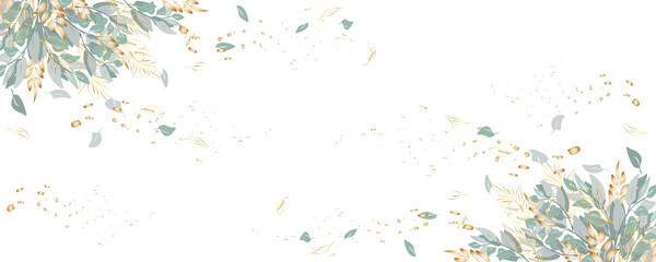 Golden botany banner Japanese.Abstract art background . Luxury minimal style wallpaper with lineart eucalyptus leaves, Gold foil texture, gold glitter, watercolor texture,luxurious foil texture .