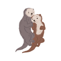 Cute hugging sea otters flat style, vector illustration