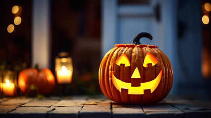 Halloween pumpkin lantern decorating a home entrance