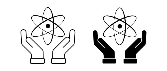 Hand with atom vector icon. Science symbol. Laboratory, molecule, data sign