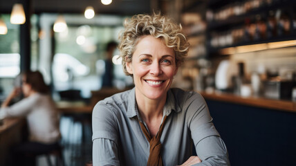 Fototapeta premium Mature woman smiling at a Cafe
