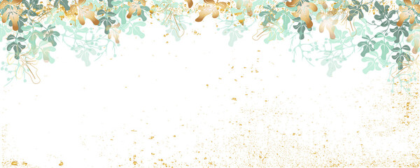 Golden botany banner Japanese.Abstract art background . Luxury minimal style wallpaper with lineart eucalyptus leaves, Gold foil texture, gold glitter, watercolor texture,luxurious foil texture .
