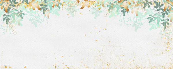 Golden botany banner Japanese.Abstract art background . Luxury minimal style wallpaper with lineart eucalyptus leaves, Gold foil texture, gold glitter, watercolor texture,luxurious foil texture .