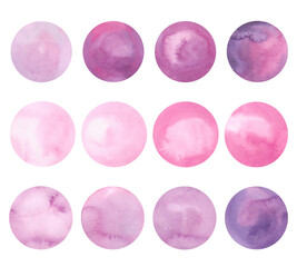 A set of watercolor circles isolated on a white background, hand-drawn. Textured watercolor spots with a gradient in purple, lilac and pink shades. Elements for design and decoration.