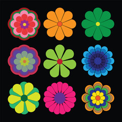set of colorful Flowers geometrical shapes pattern: Elegant floral tropical with flowers. flower fashion prints. Seamless vector texture. Spring bouquet. Allover floral design pattern black backround