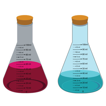 Glass laboratory chemical measuring flasks. with colorful liquids in realistic vector illustration set. Lab glassware and containers with chemicals. Scientific or medical equipment. Erlenmeyer flask.