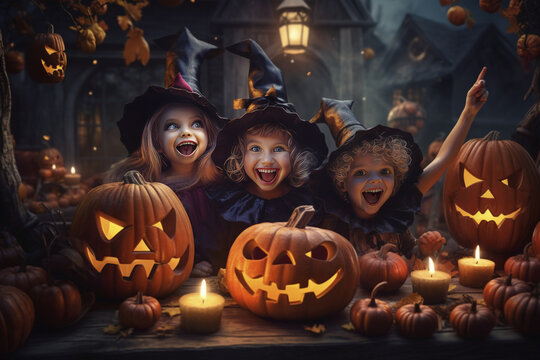 Naklejki halloween children party with pumpkins and bats
