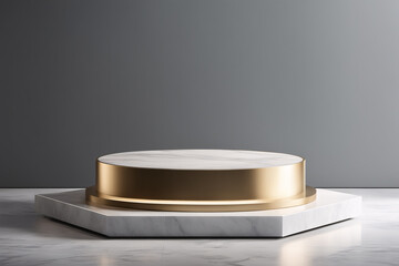 3d rendering of a white with gold product display podium 