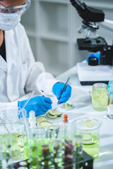 eco skin care beauty products in cosmetic laboratory development, Natural drug research with...