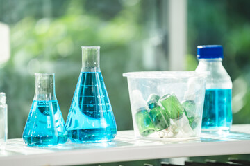 scientific flask and beaker glassware, liquid tube equipment for chemistry science laboratory research, chemical medicine glasses for medicals biotechnology experiment test and biology pharmaceutical