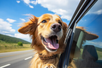 A dog peeks out from the window of a moving car with a happy expression on its face. Blue sky and clouds background. Holidays and vacation travel concept.