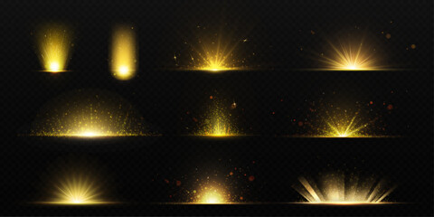 Set of golden light flash effects isolated on transparent background. Vector realistic illustration of bright yellow explosion with shimmering sparkles particles, starlight burst, Christmas suprise