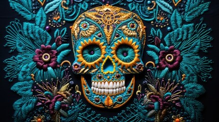 Mexican sugar skull on black background. Day of the Dead.