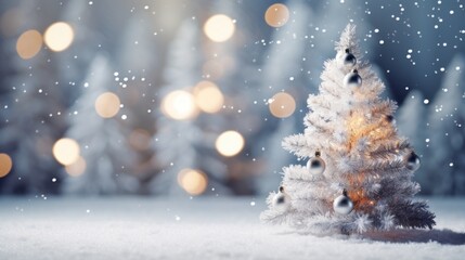 Fototapeta na wymiar Christmas tree in the snow with bokeh background.