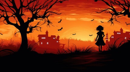 spooky fun with halloween child. dark night halloween silhouette background