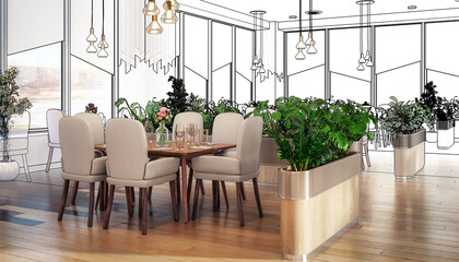 Ilustration of a Modern Outlook Restaurant in Natural Interior Design - 3D Visualization
