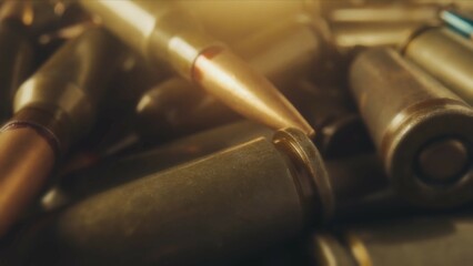 Bullet shells close up. Cartridges for rifle and carbine. Concept on the theme of war, resistance and crisis.