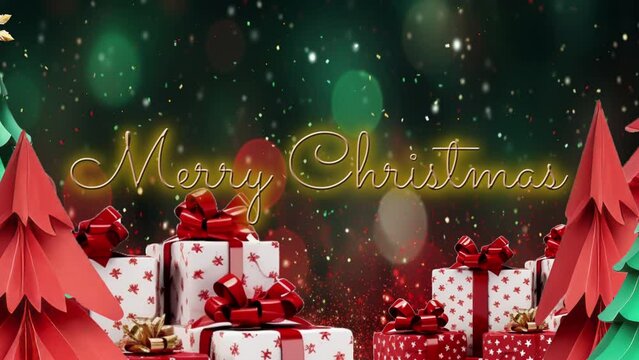Animation of paper christmas tree red and green with gift  for the christmas day. Merry Christmas text.