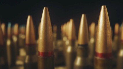Endless rows cartridges for a rifle on a black background close up. Defocused background. The...