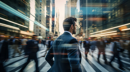 Business man crossing a busy blurry street of a city financial district