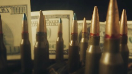 Rows of rifle cartridges on the background of dollar bills close up. The concept of the sale of...