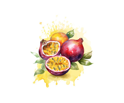 Hand drawn watercolor painting passion fruit. Vector illustration design.