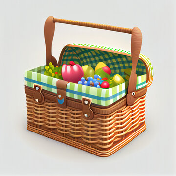 Basket With Fruit, Picnic Basket Clipart, Ai Generated Image