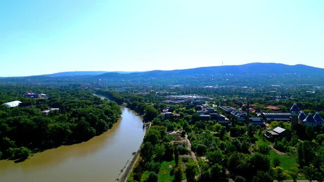 Tranquil River In Obuda Island, Budapest, Hungary - aerial shot