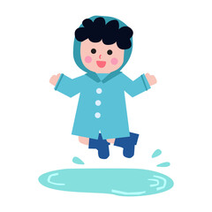 Boy jumping on puddle flat illustration