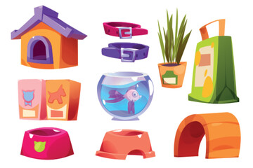 Petshop products and accessories - fish in aquarium, pet house, packs and bag of food and bowls for feeding dogs and cats, collars. Cartoon zoo shop with domestic animals care supplies and stuff.