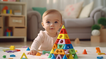 Cute baby playing educational colorful games at the table