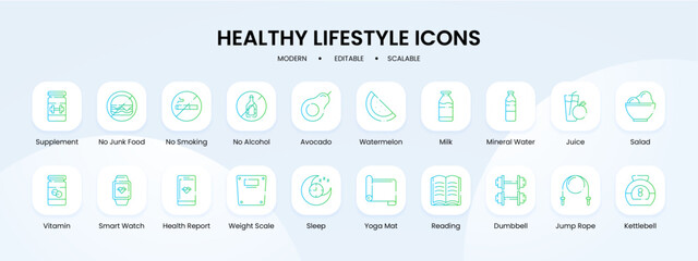Fototapeta na wymiar Healthy lifestyle icon collection with blue and green gradient outline style. lifestyle, healthy, diet, fitness, health, food, exercise. Vector illustration
