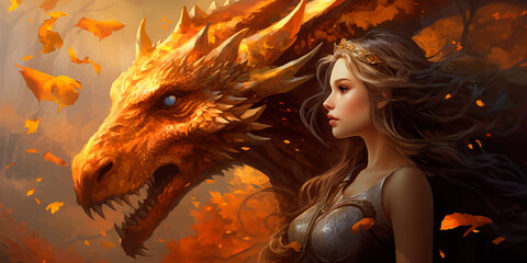 Beautiful woman next to an orange Fantasy Dragon. Sorceress and an ancient monster. Girl and Fantasy Creature. Lizard. Magical world. Portrait. Fairytale scene. 3D Vector illustration