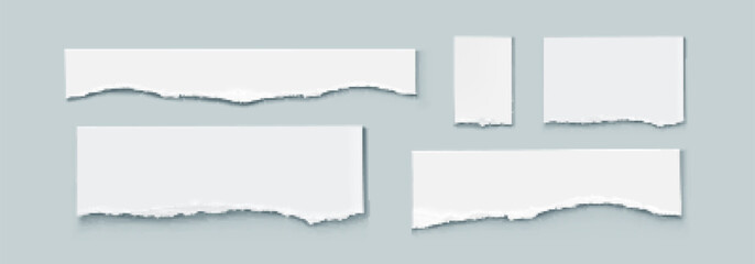Torn paper strips set isolated on background. Vector realistic illustration of ripped white sheet edges, blank reminder notice layout, pieces of used notebook page, waste material for recycling