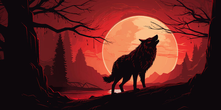 Wolf howling at the moon. Silhouette of Wolf in front of a full moon. Night. Forest. Wolf in the mountains at sunset. Werewolf. Silhouette of a black wolf on a red. Blood moon. Vector illustration