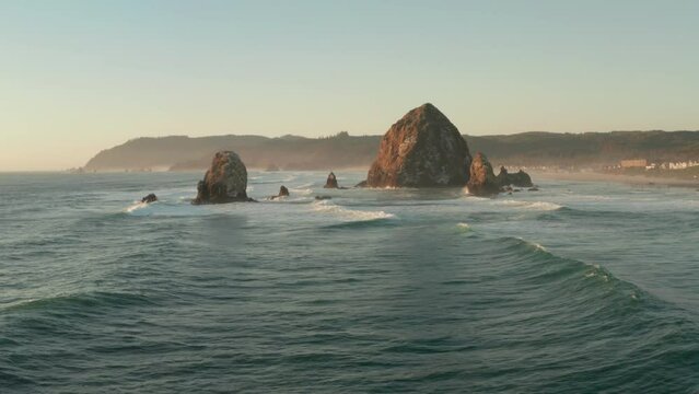 Aerial shot towards haystack rock sea stacks