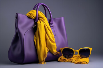 Naklejka premium Women's bag and neckerchief. Fashionable women's things and accessories. Stylish purple women's bag and yellow cravats. Elegant women's clothes.