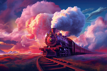 A train traveling down train tracks next to a lush green field. Smoke from the chimney of a retro train.