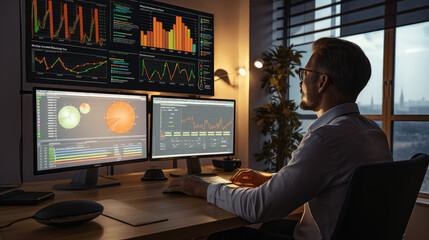 An analyst uses a computer and dashboard for data business analysis and Data Management System with KPI and metrics connected to the database for technology finance, operations, sales,  Generative