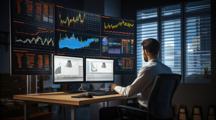 An analyst uses a computer and dashboard for data business analysis and Data Management System with KPI and metrics connected to the database for technology finance, operations, sales,  Generative