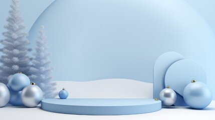 Background products minimal podium scene with Christmas decoration in blue color in cute style.